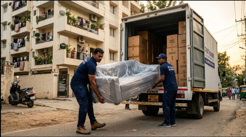 Movers carefully loading furniture into a moving truck